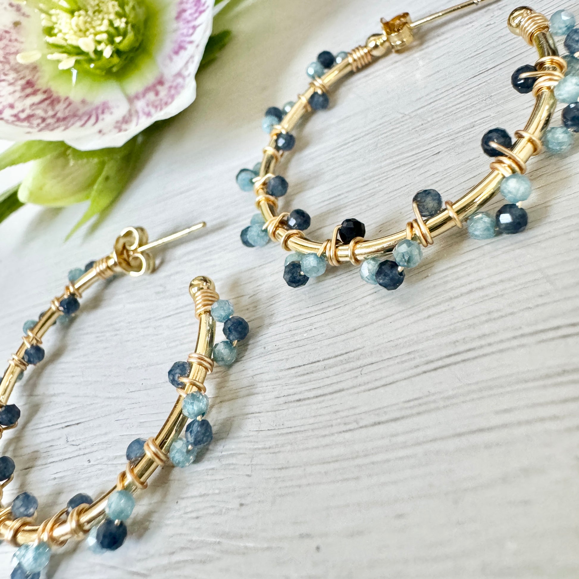 Denim Blue Iolite & Powder Blue Kyanite Swirl Midi Hoop Beaded Earrings
