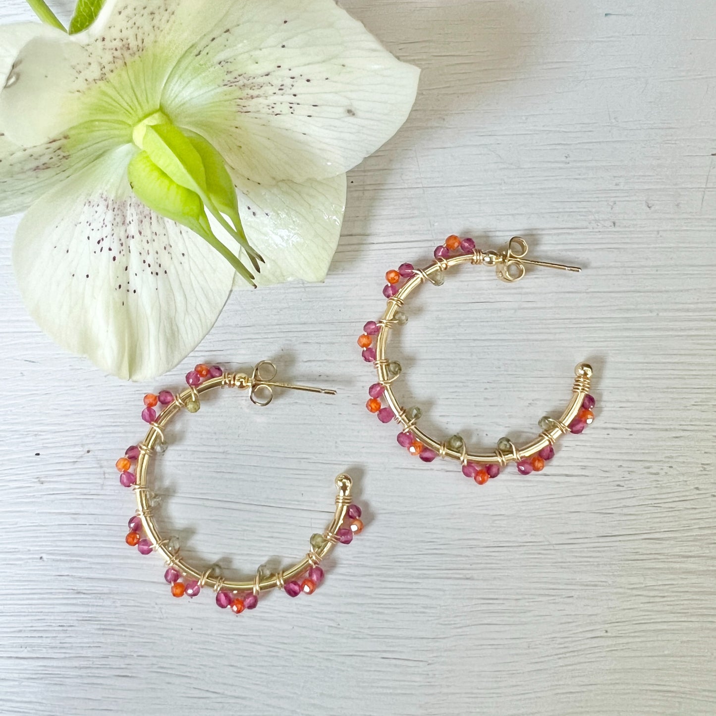 Fuchsia Garnet, Olive Green Peridot & Orange Swirl Midi Hoop Beaded Earrings