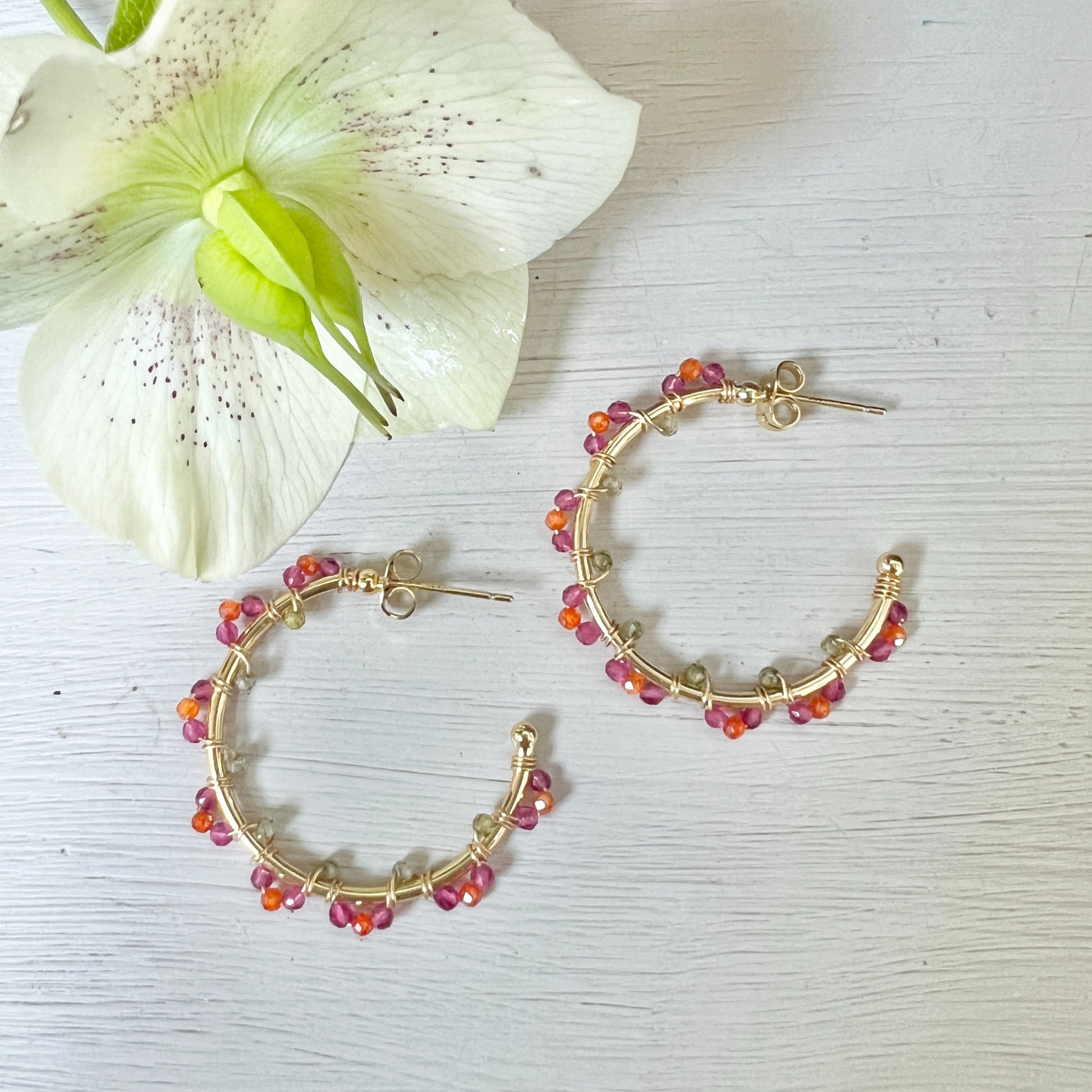 Fuchsia Garnet, Olive Green Peridot & Orange Swirl Midi Hoop Beaded Earrings