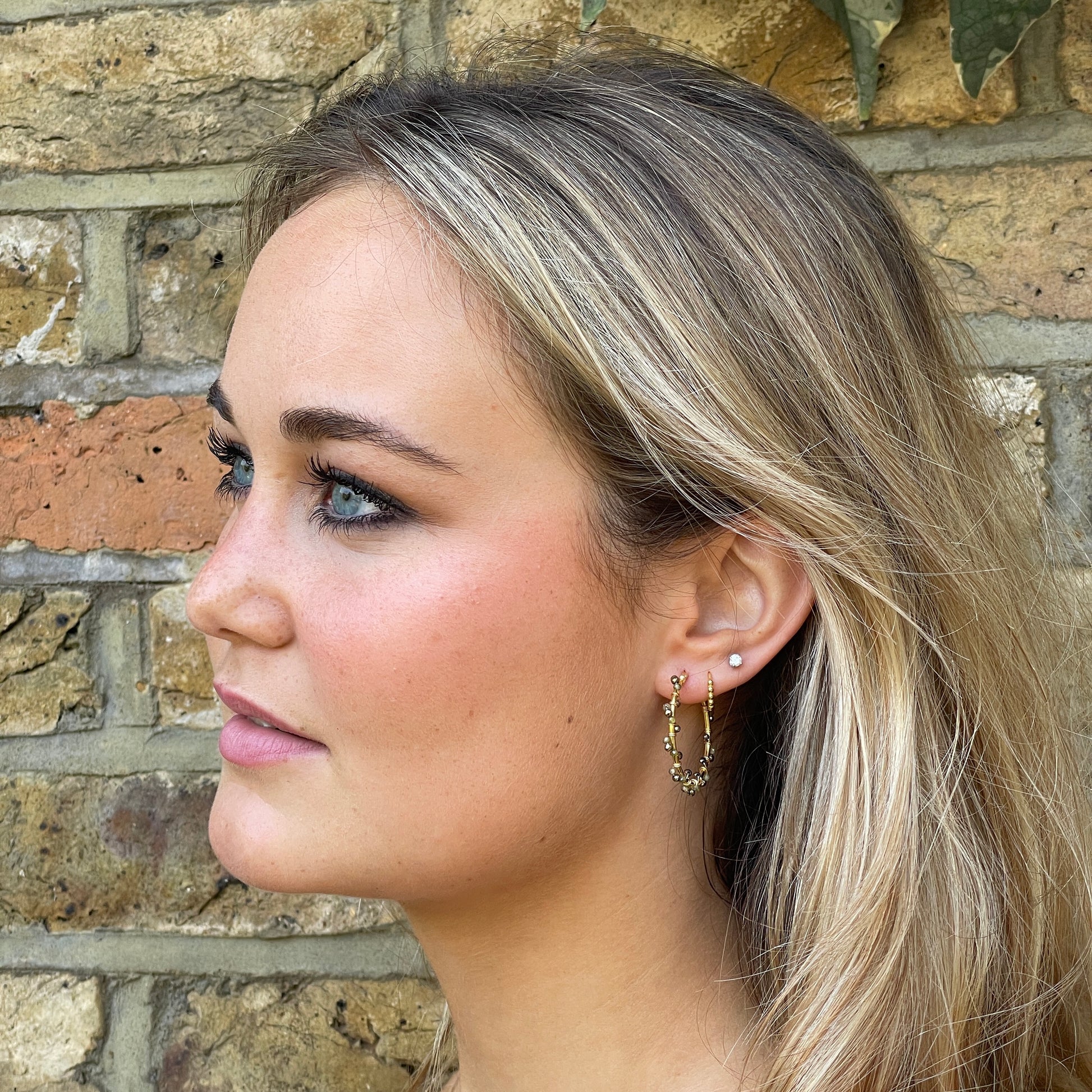 Olive Green Peridot & Pyrite Swirl Midi Hoop Beaded Earrings