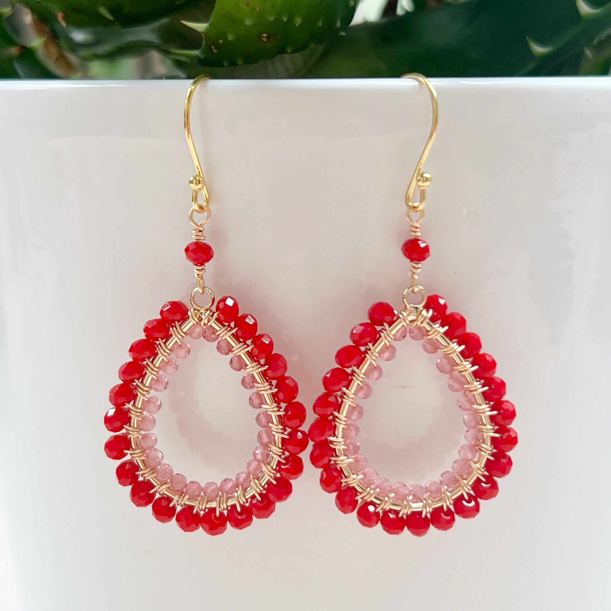 Red & Pink Jade Double Beaded Peardrop Earrings