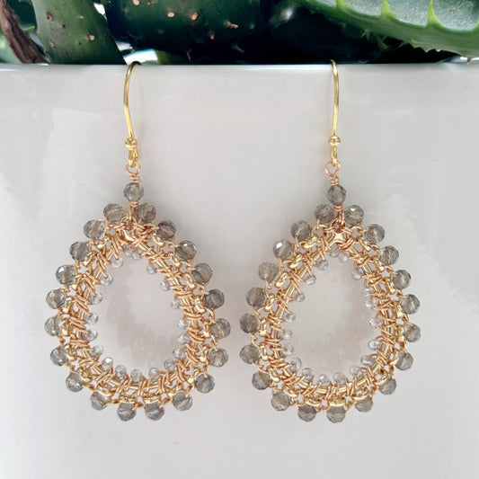 Taupe Agate & Crystal Medium Rolo Peardrop Beaded Earrings