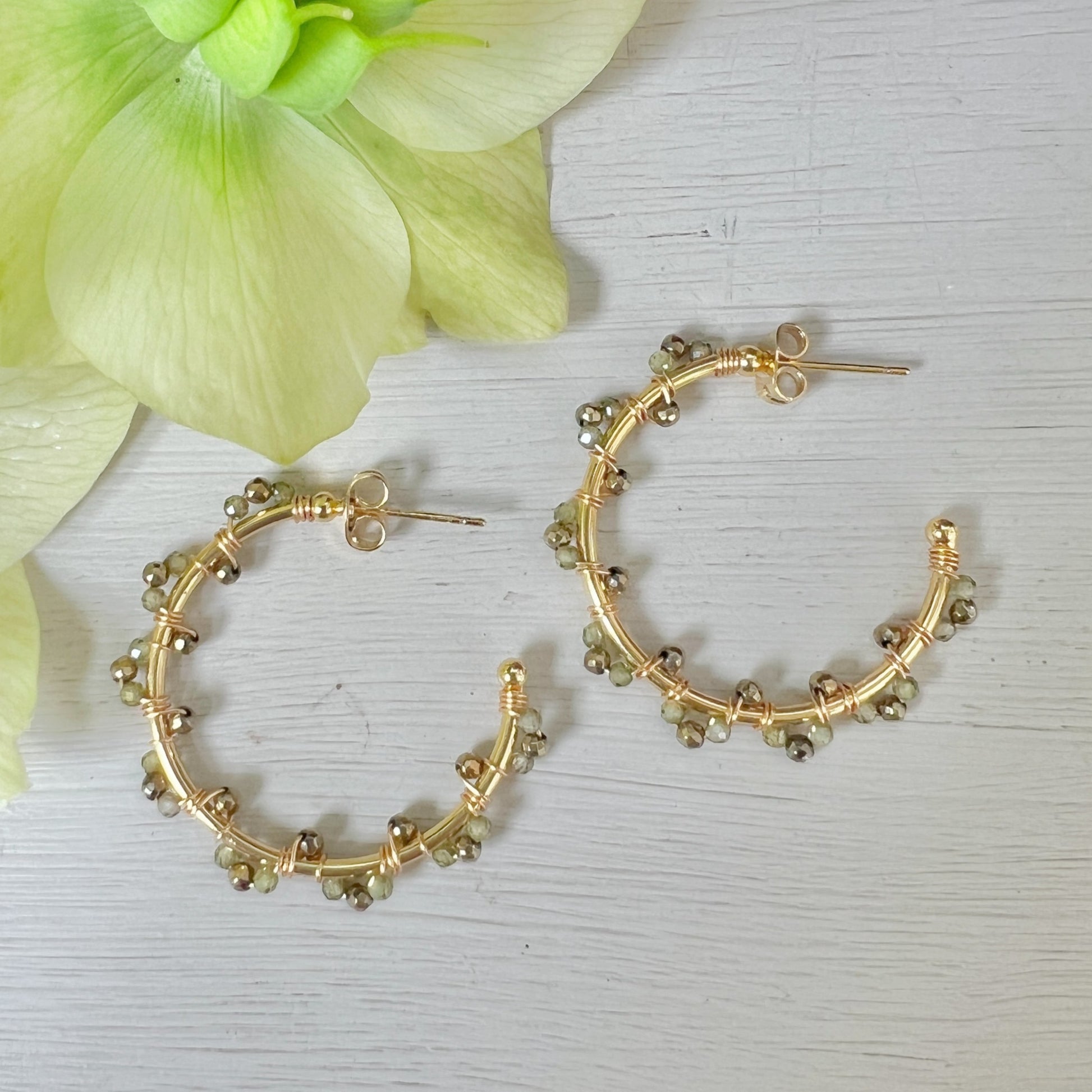 Olive Green Peridot & Pyrite Swirl Midi Hoop Beaded Earrings