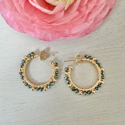 Pyrite Mini Bobble Hoop Beaded Earrings