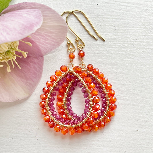 Orange Carnelian & Fuchsia Pink Garnet Double Beaded Peardrop Earrings