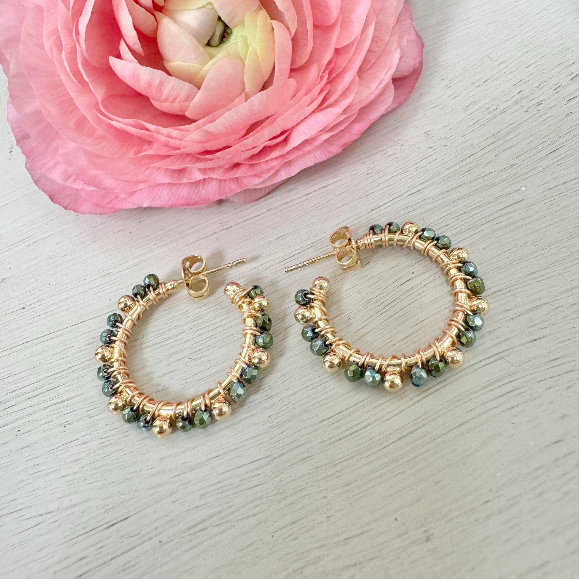 Pyrite Mini Bobble Hoop Beaded Earrings