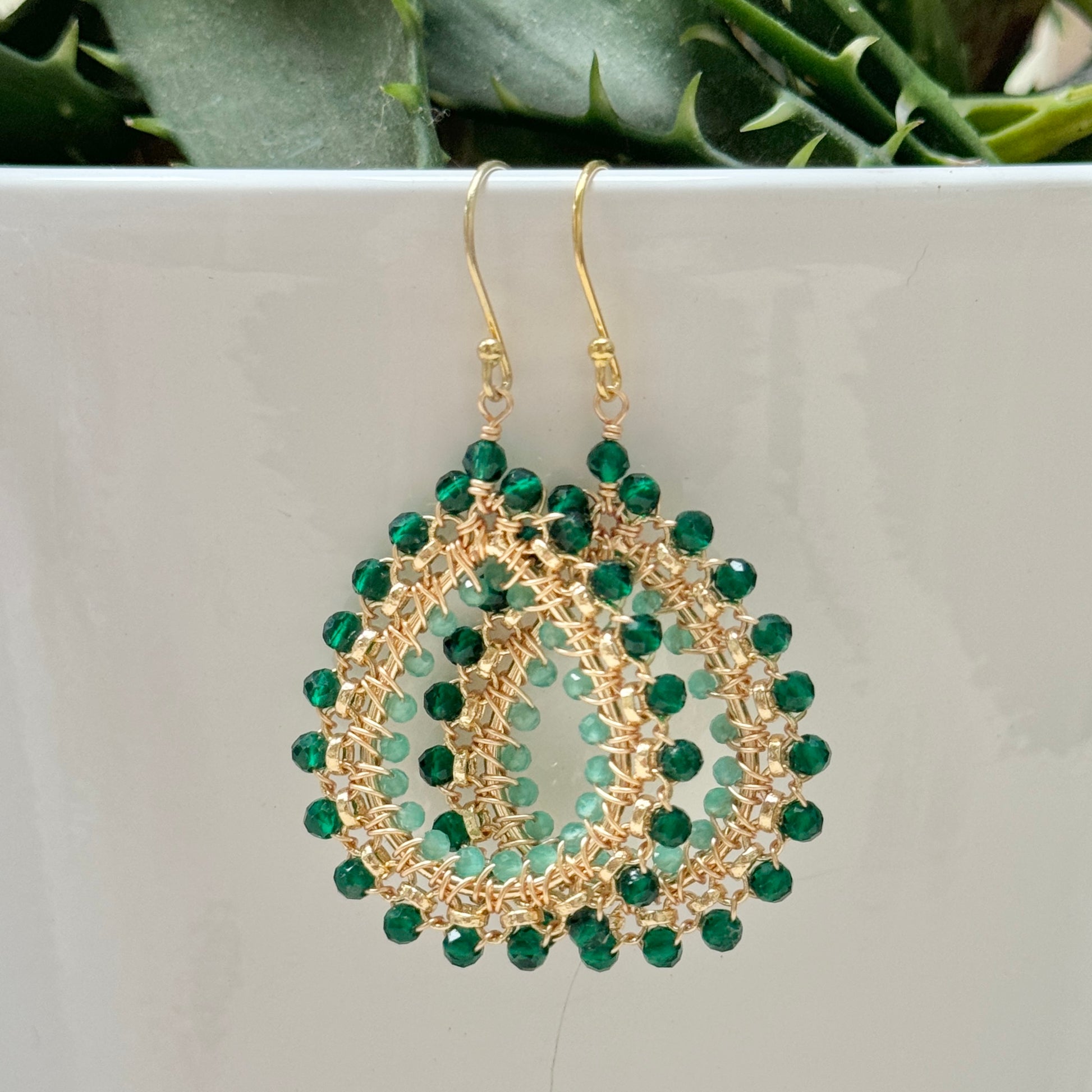 Emerald Green Jade & Mint Jade Medium Rolo Peardrop Beaded Earrings