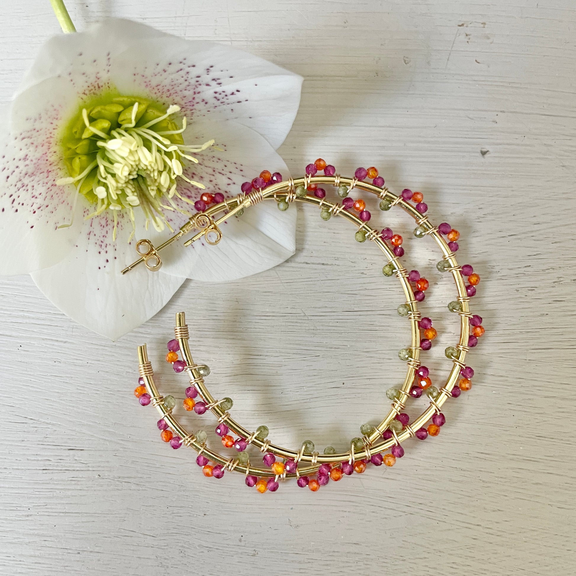 Fuchsia Pink Garnet, Peridot & Orange Swirl Wrapped Maxi Hoops