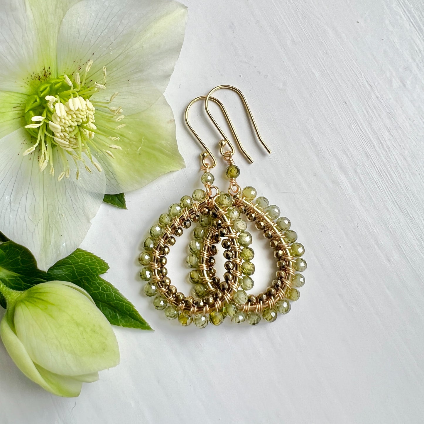 Olive Green Peridot & Bronze Double Beaded Peardrop Earrings