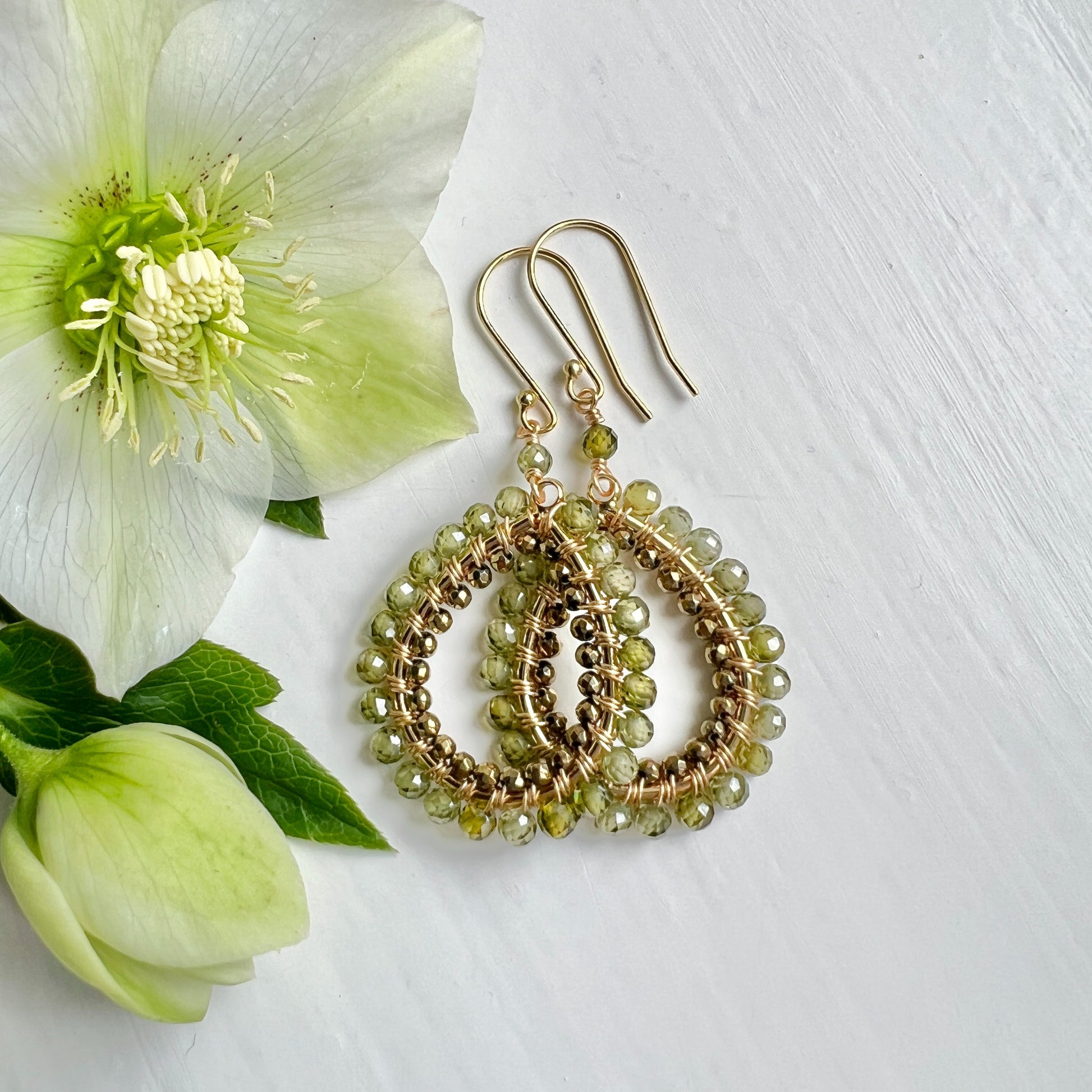 Olive Green Peridot & Bronze Double Beaded Peardrop Earrings